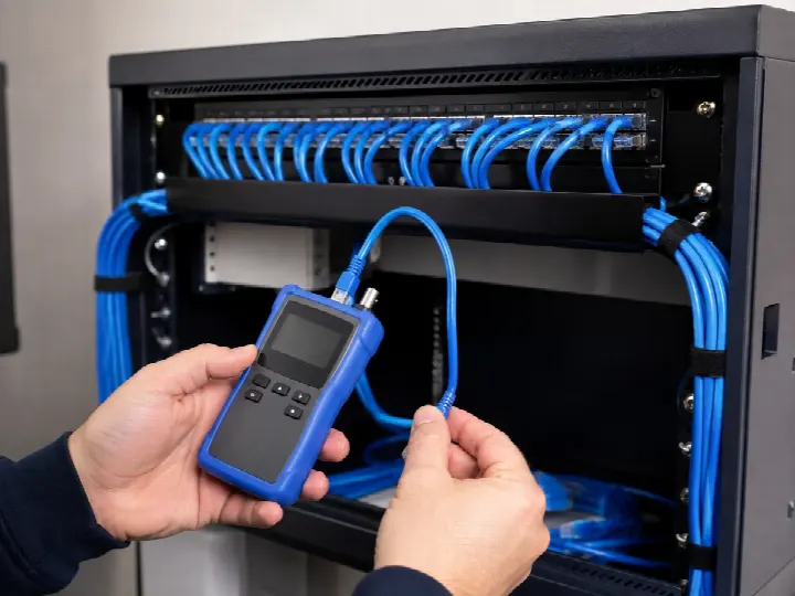 Organized Ethernet cabling being tested in a network cabinet