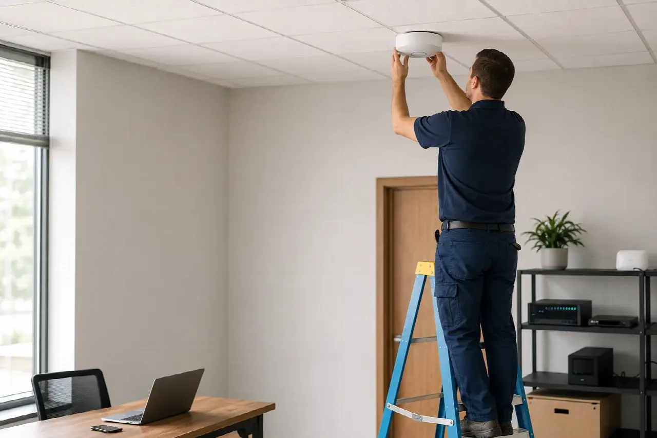 Technician installing a ceiling-mounted wireless access point